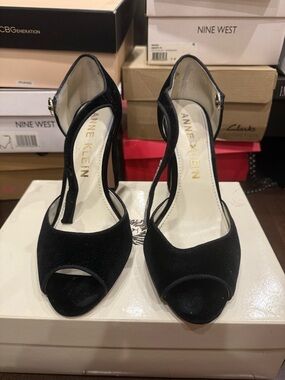 Anne Klein Black Suede Peep-Toe Ankle-Strap Heels